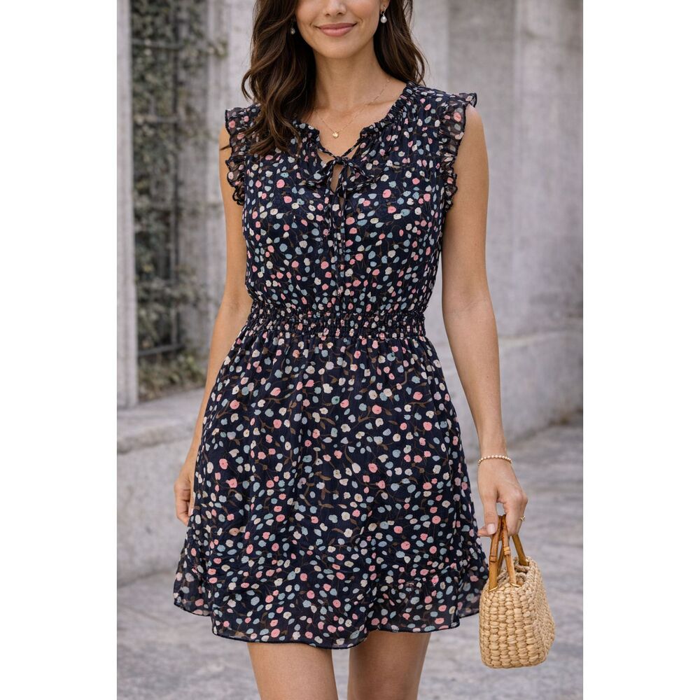 Anthropologie Tulle Navy Blue Floral Ruffle Sleeve Dress Size Medium